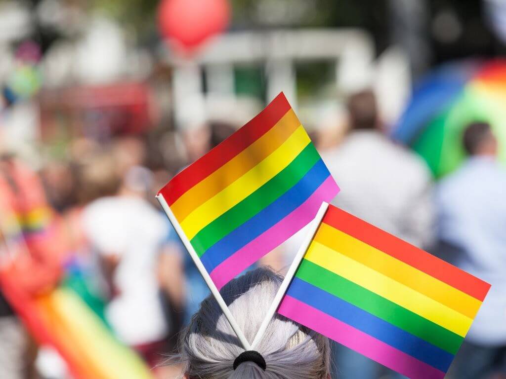 Two rainbow pictures from a gay pride parade stuck into the ponytail of a blonde lady