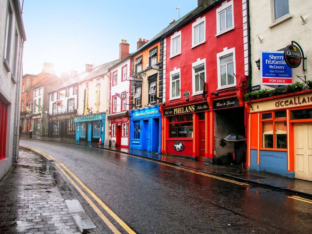 A picture of the colourful outsides of buildings in a Galway City street in Ireland