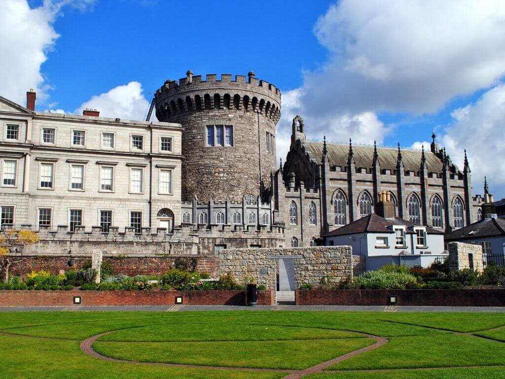 A picture of Dublin Castle with blue skies behind it