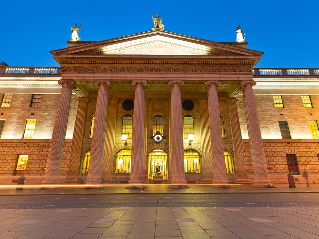A picture of the external facade of the GPO (General Post Office) in Dublin Ireland