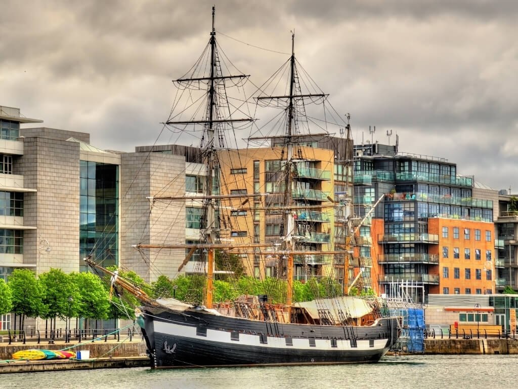 A picture of the Jeanie Johnston Tallship in Dublin's docklands, a replica Famine ship