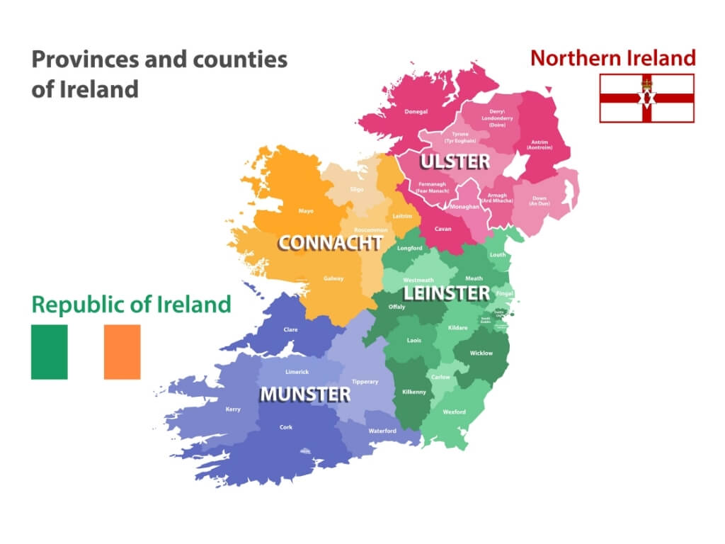 A graphical presentation of the 32 counties of the island of Ireland and the four provinces