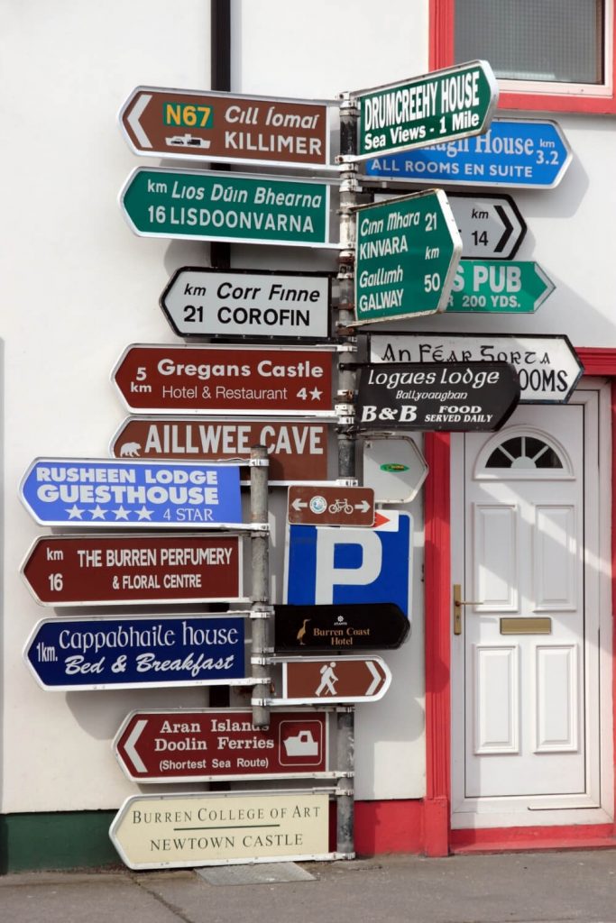 A picture of Irish road signs in a town in County Clare