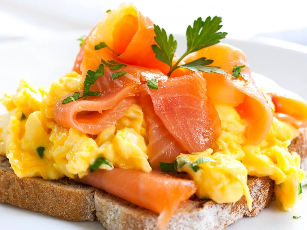 A picture of smoked Irish salmon with scrambled egg on toast
