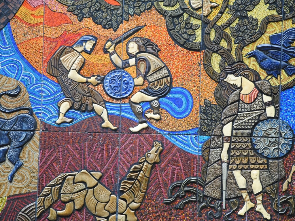 A close-up of the Tain Bo Cuailgne mosaic in Dublin