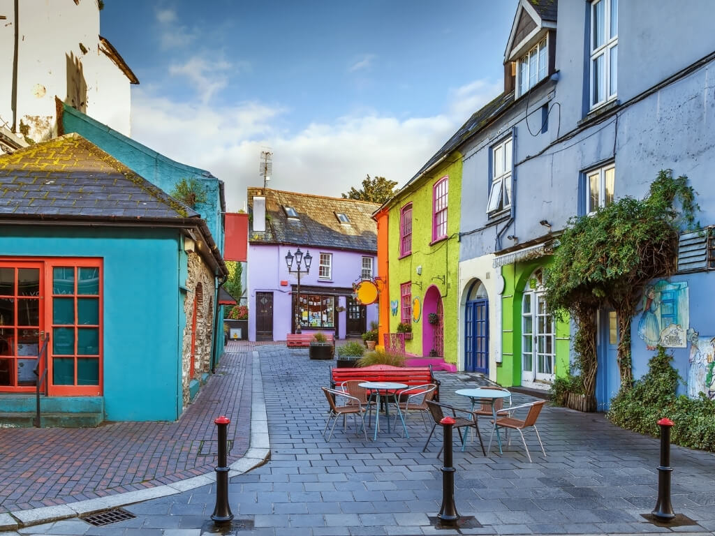 A picture of the colourful buildings along a street in Kinsale, County Cork