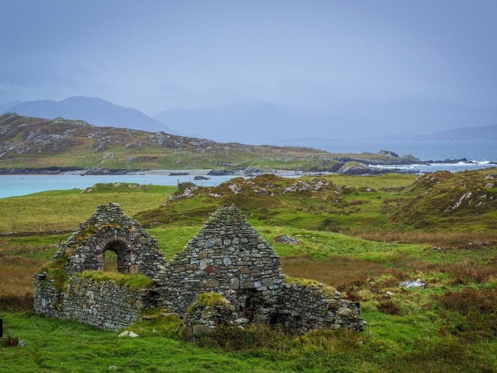 A picture of a ruined church on Inishbofin Island, Galway