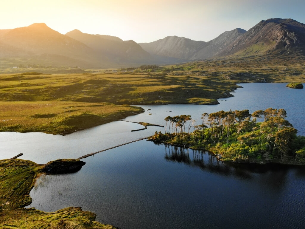 A picture of the lake in Connemara with some of the Twelve Bens mountains in the background