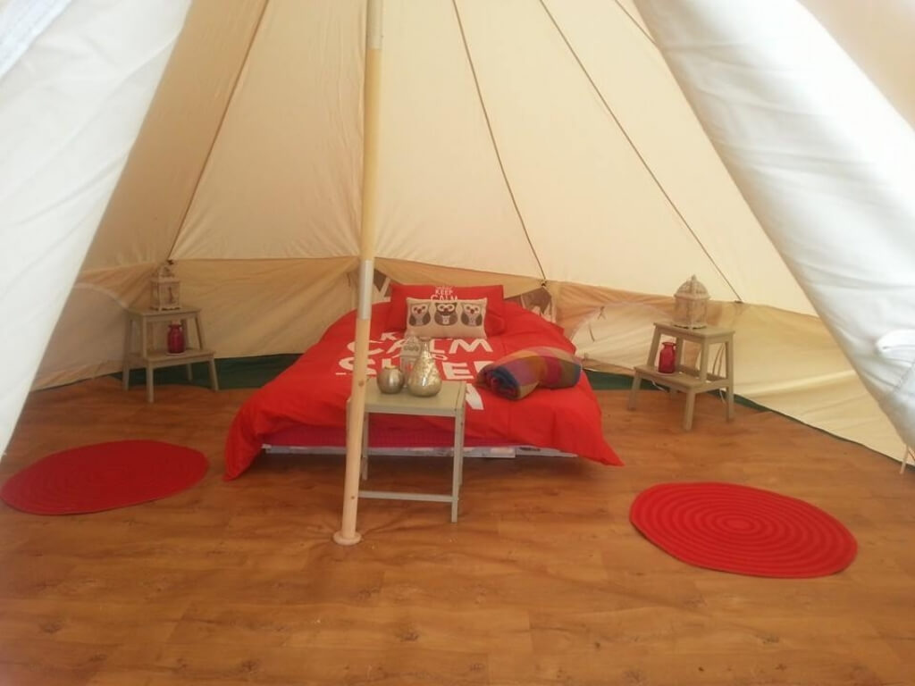 A picture of the inside of one of the bell tents at the Old Forge Glamping in Wicklow