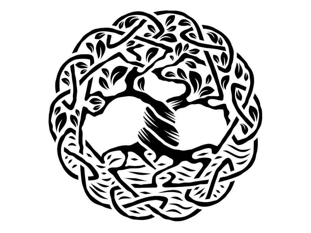 A black and white picture of a Celtic Tree of Life symbol