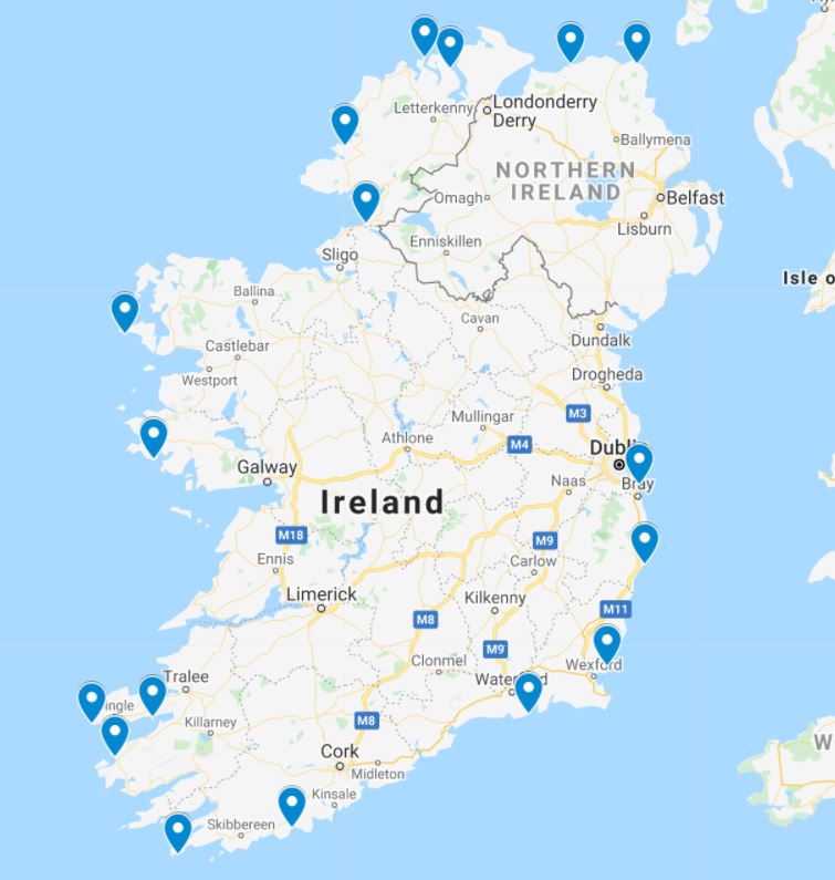 A picture of a Google map showing the locations of the best beaches in Ireland