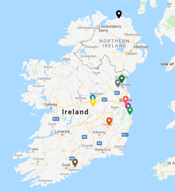 A picture of a Google map showing the locations of the best distilleries in Ireland to visit