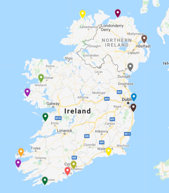 A picture of a Google map showing the locations of the best coastal towns in Ireland to visit