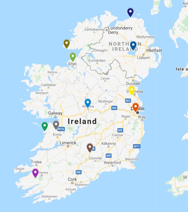 A picture of a Google map showing the locations of the natural wonders of Ireland to visit