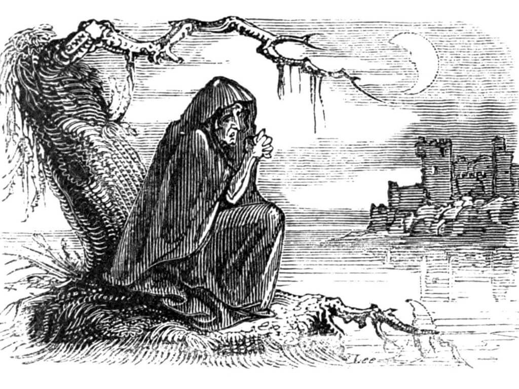 A drawing of a banshee hag, sitting under a tree watching a tower