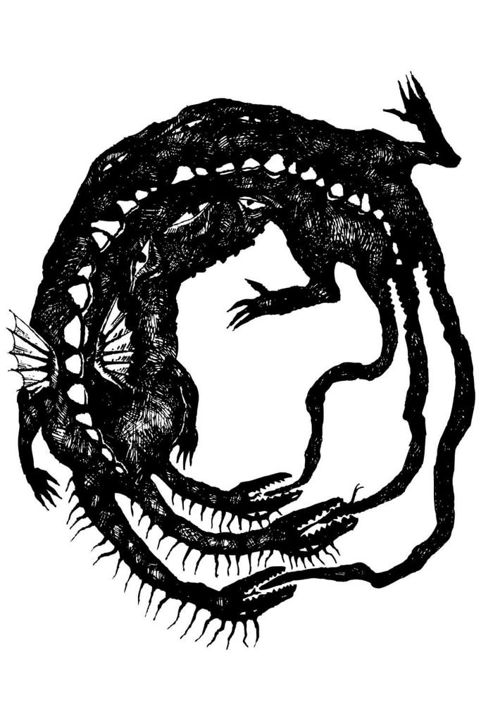 A drawing of a three-headed dragon, of which the Ellen Trechend in Irish Mythology is of depicted
