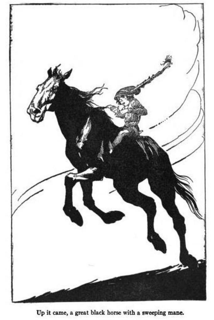 A drawing of a Puca Irish mythological creature on horseback