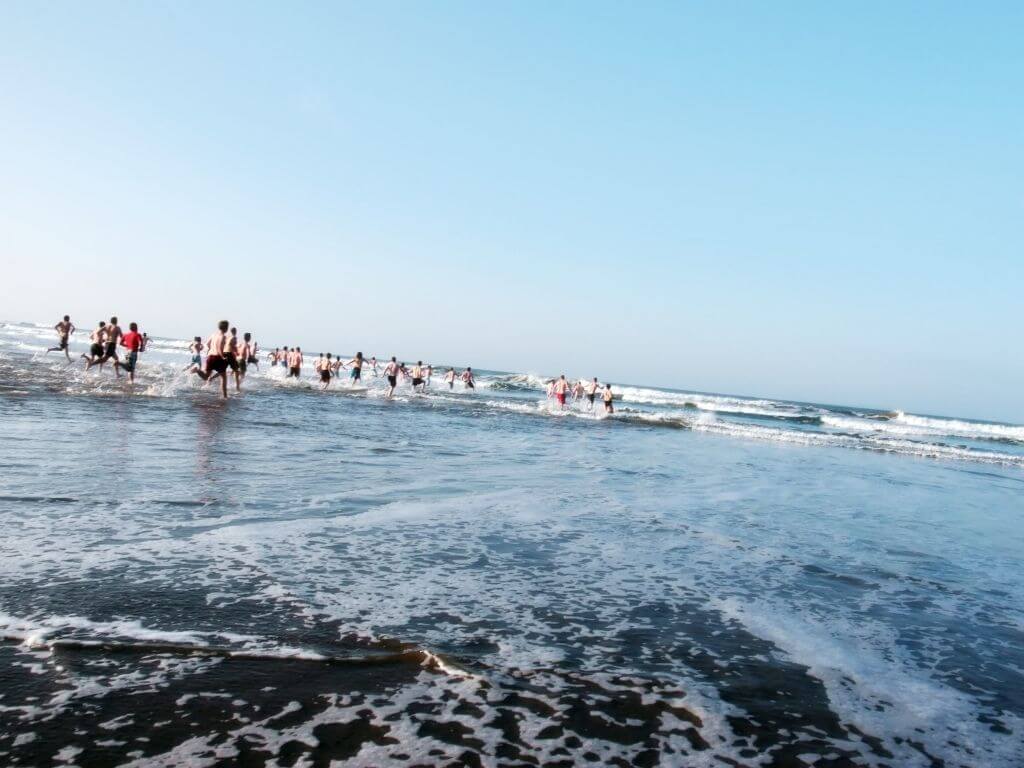 A picture of people taking part in a Christmas Day Swim