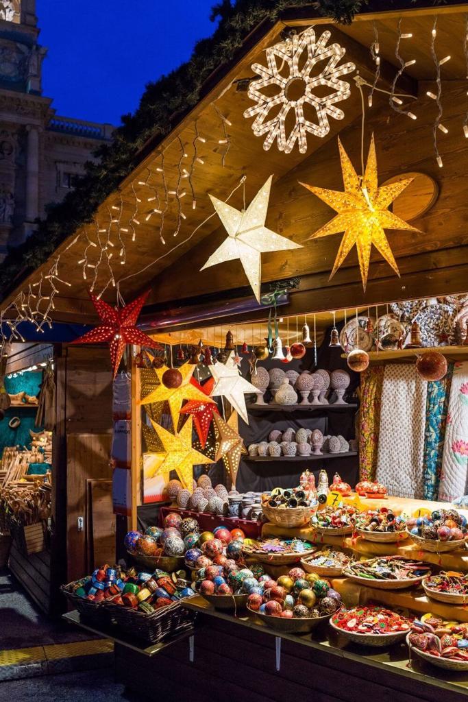 Christmas Market Stall with baskets of candy and decorations