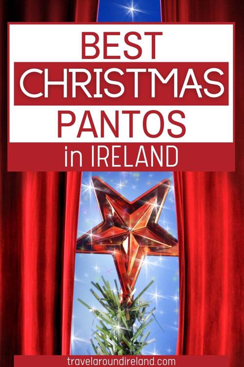 A red star on a Christmas tree with red stage curtains and text overlay saying Best Christmas Pantos in Ireland