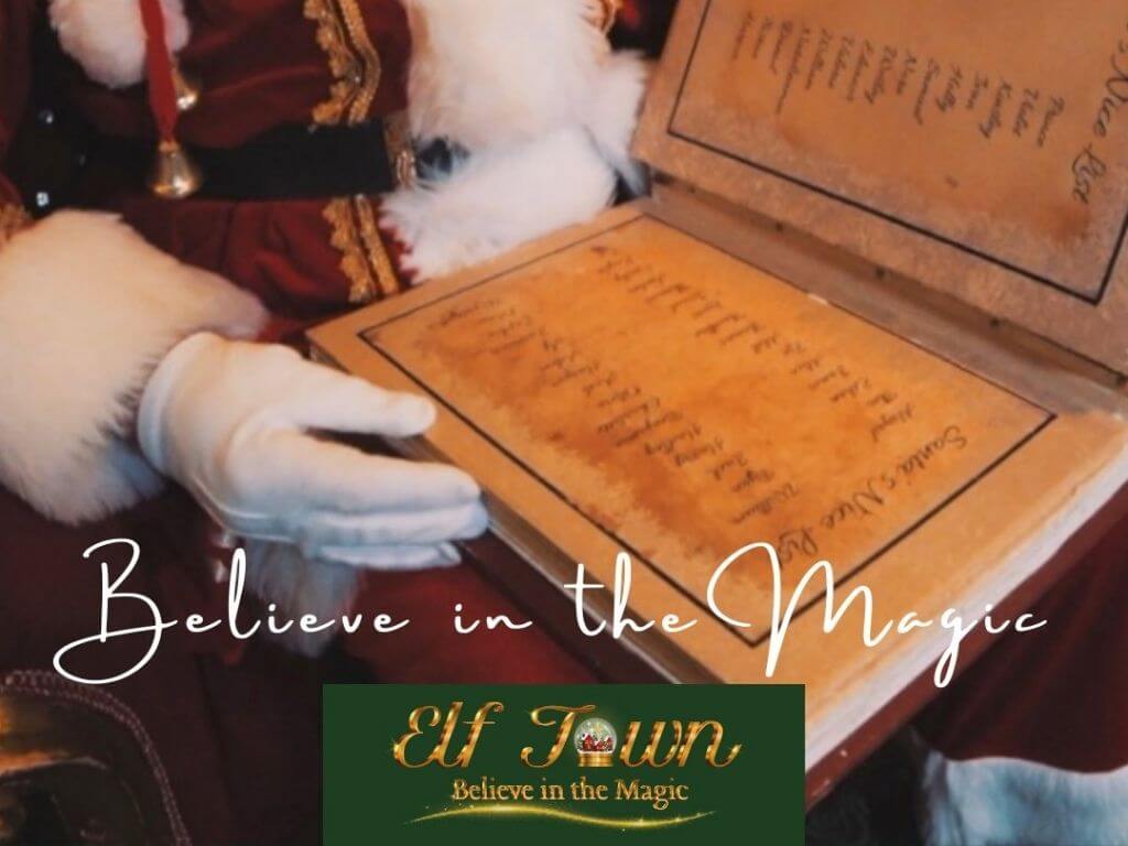A picture of Santa's hands opening pages on the book of naughty or nice, an advertisement for Elf Town Galway