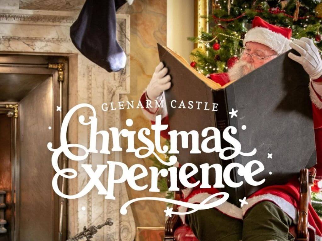 A picture of a Santa Claus reading a book in an advertisement for the Glenarm Castle Christmas Experience