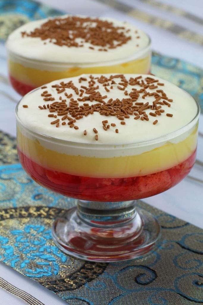 A picture of two dessert glasses containing Sherry Trifle