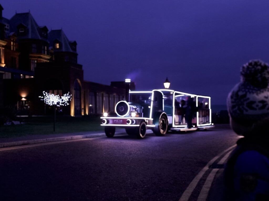 A picture of the Santa Train, Slieve Donard Resort lit up at night