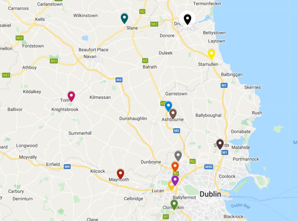 A screenshot of a Google map showing the location of some of the best hotels to stay in for Tayto Park in Dublin and surrounding counties