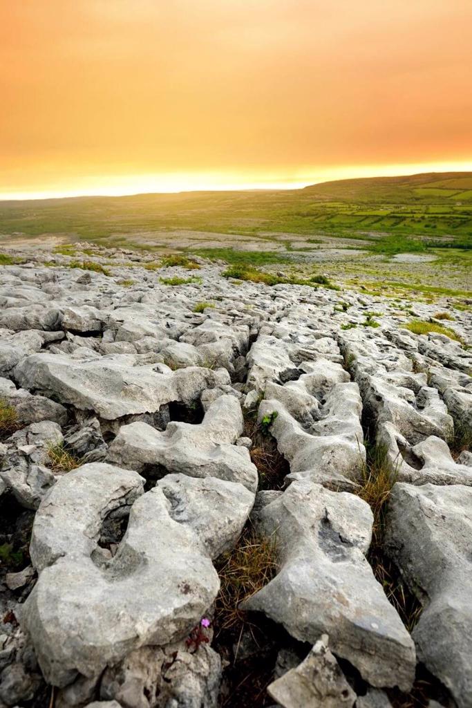 A picture of the grey karst limestone landscape of the Burren with rolling green fields in the background