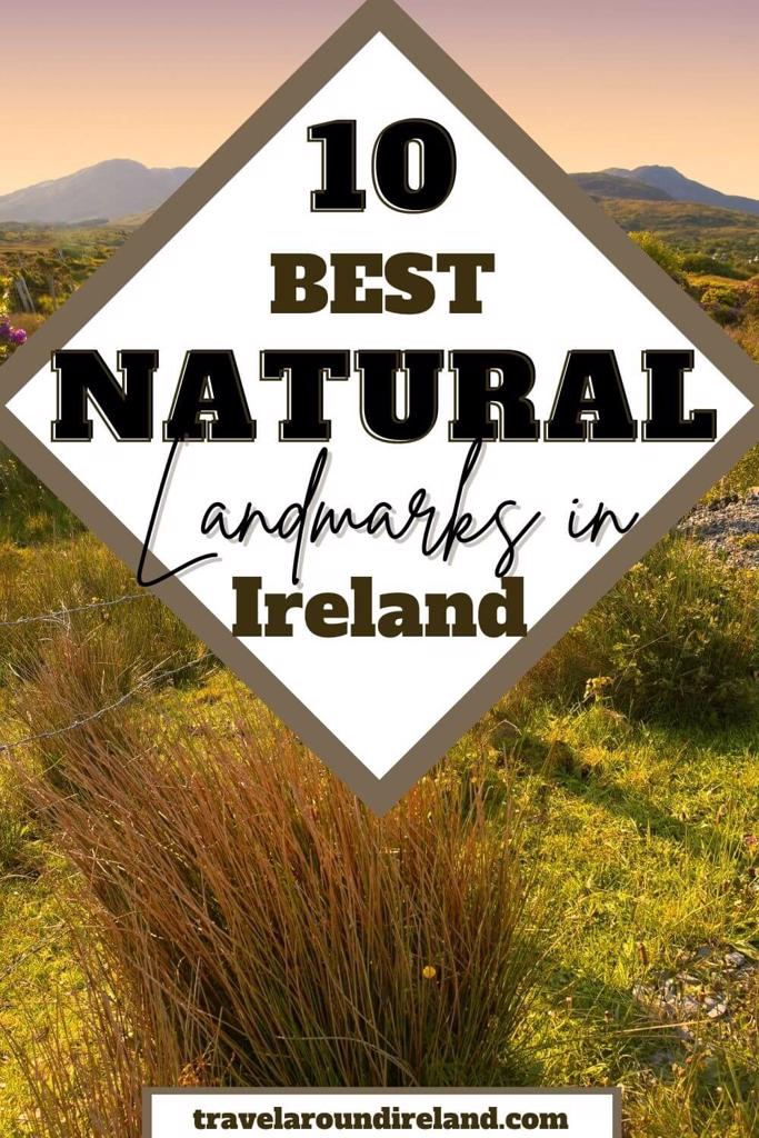 A picture of grassland and mountains in Connemara with text overlay in a diamond box saying 10 best landmarks in Ireland