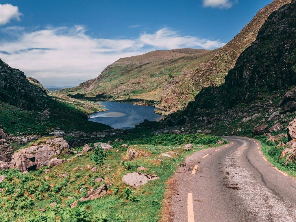 A picture of the Macgillycuddy Reeks and the Purple Mountains with the Gap of Dunloe between them