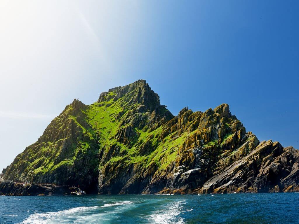 A picture from the water of Skellig Michael, one of the natural landmarks of Ireland and largest of the two Skellig Islands