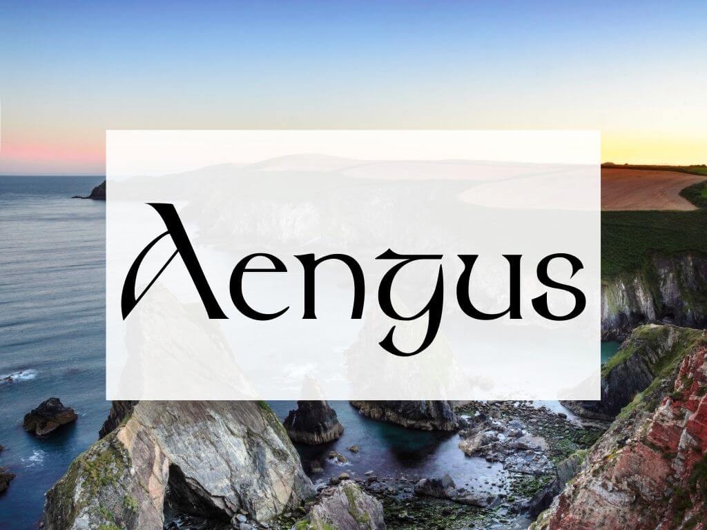 A picture of a rocky Irish coastline and a textbox over it containing the word Aengus
