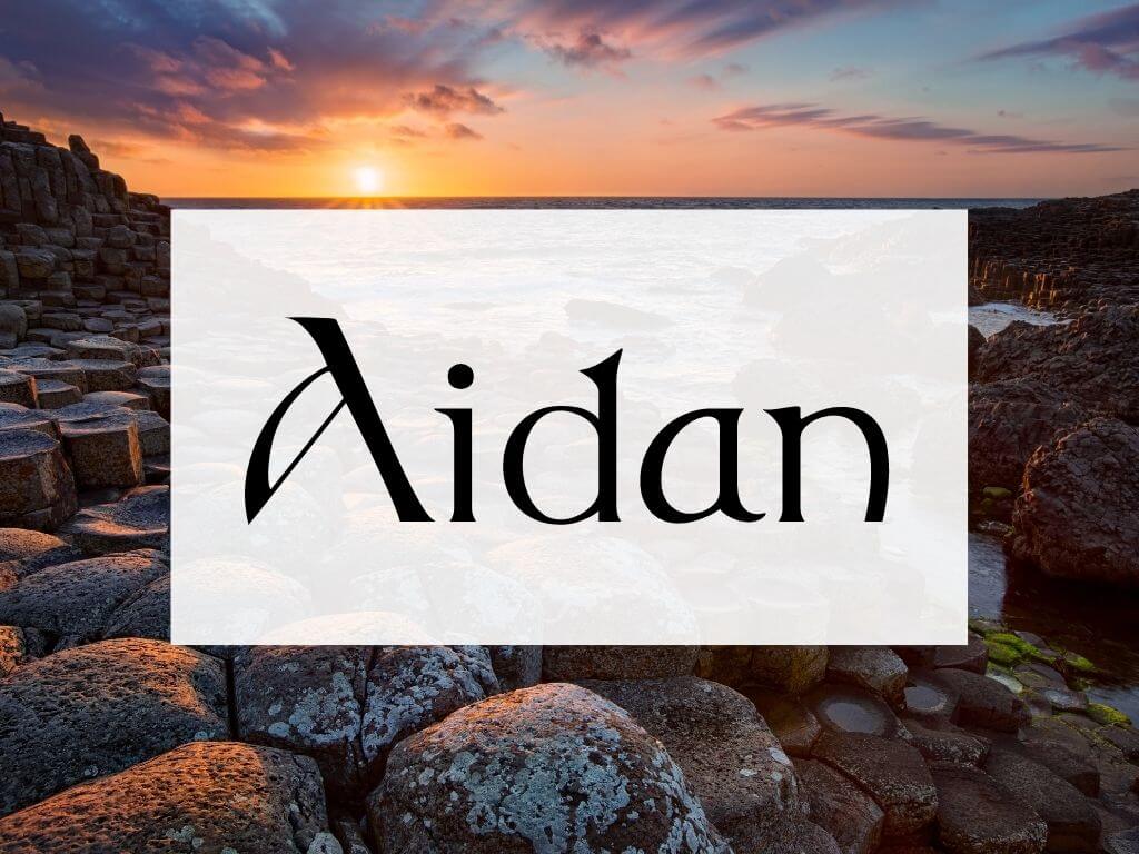 A picture of sunset over the Giant's Causeway and textbox containing the Irish name Aidan