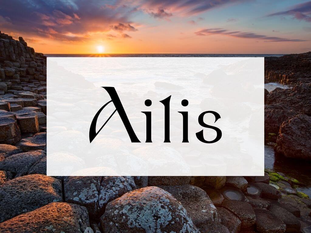 A picture of sunset at the Giant's Causeway, text box over it with the word Ailis