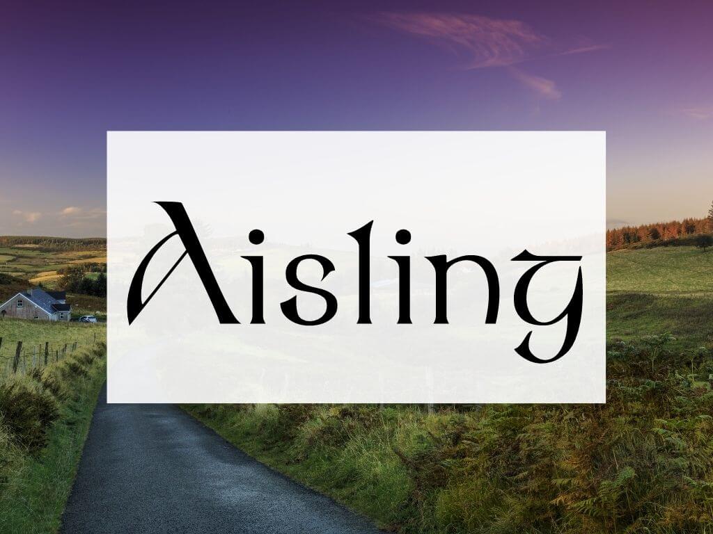 A picture of a country lane road between green fields and a purple sky overhead, with a textbox containing the name Aisling