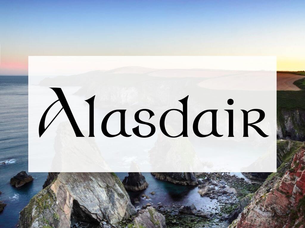 A picture of a rocky Irish coastline and a textbox over it containing the word Alasdair