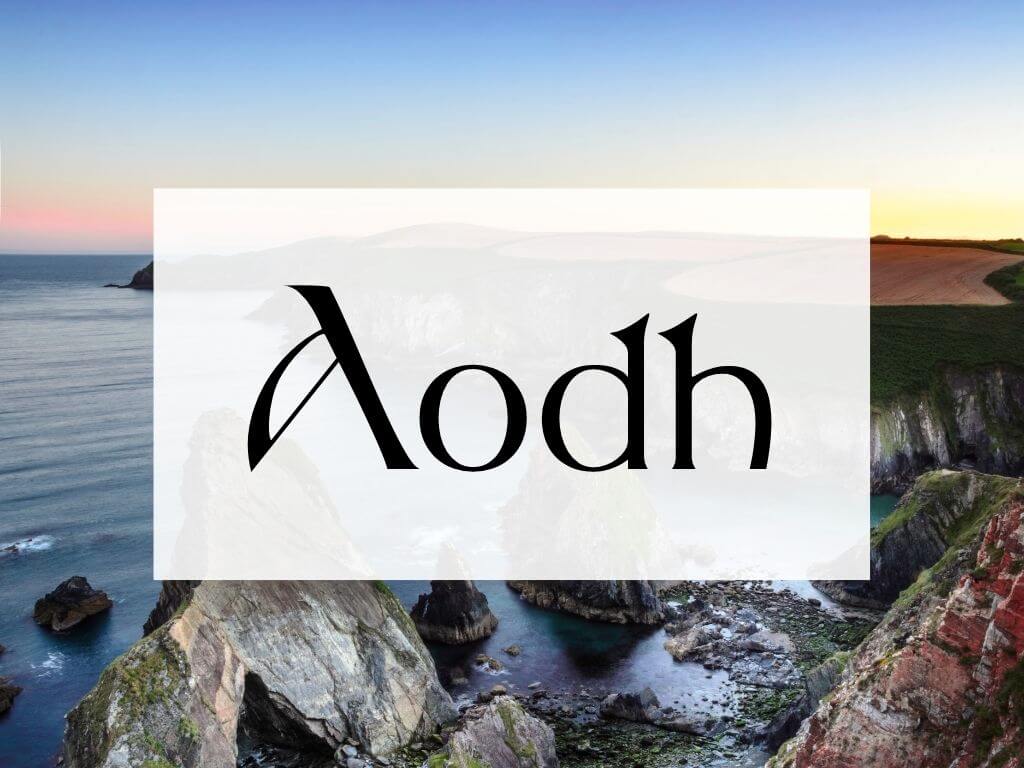 A picture of a rocky Irish coastline and a textbox over it containing the word Aodh