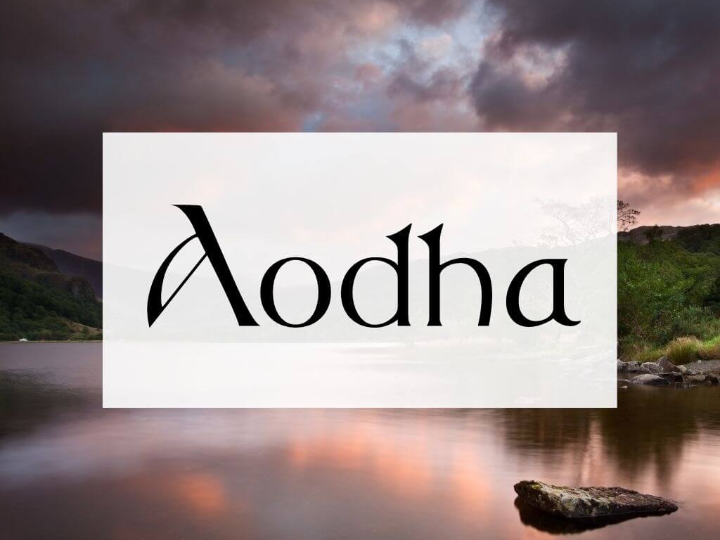 A picture of one of the Killarney Lakes and a text box with the word Aodha