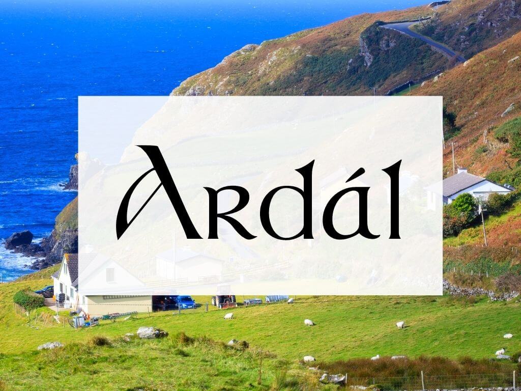 A picture of a green grassy hill with sheep leading to the sea and a textbox containing the name Ardal