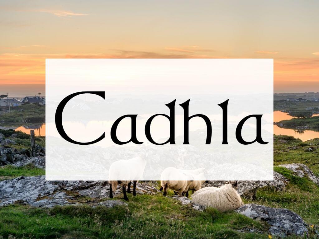 A picture of sheep on a rock Irish hill and sunset in the background, with a textbox containing the Irish name Cadhla