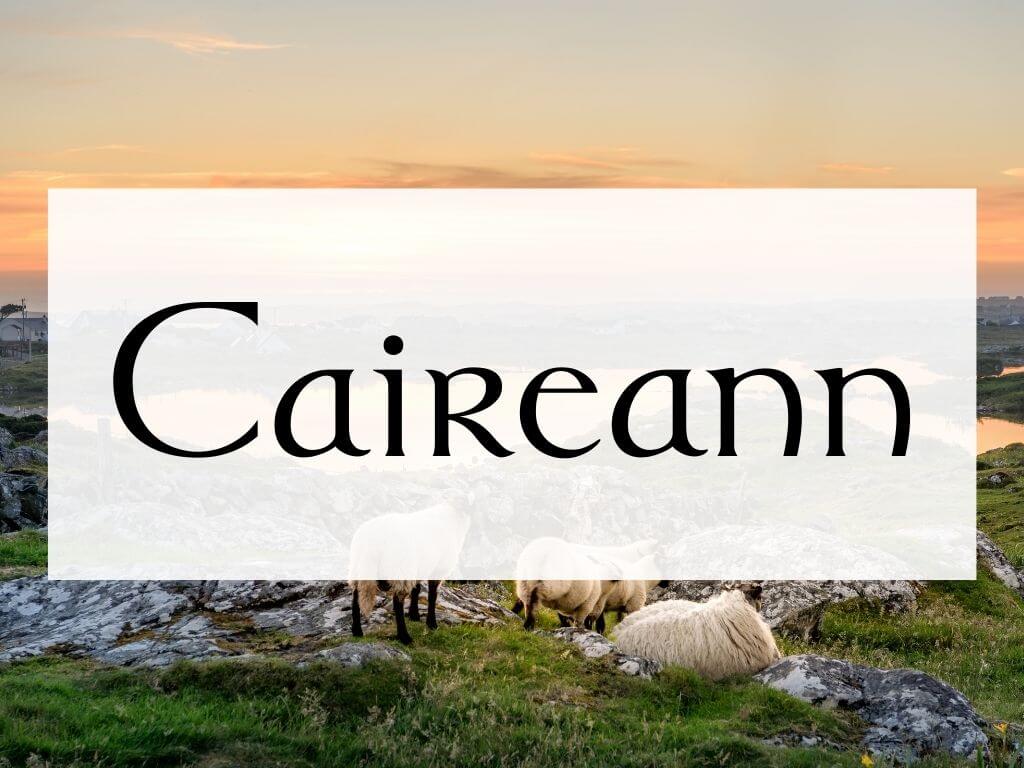 A picture of sheep on a rock Irish hill and sunset in the background, with a textbox containing the Irish name Caireann
