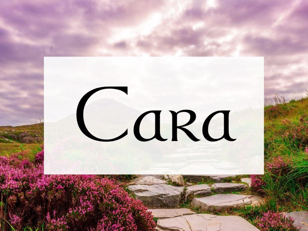 A picture of a rocky path on a hill in Ireland with stormy skies overhead and a textbox containing the Irish name Cara