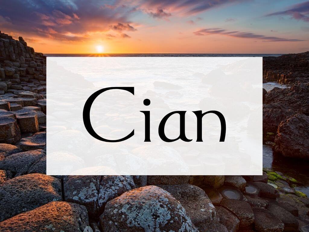 A picture of sunset over the Giants Causeway with a textbox containing the Irish word Cian