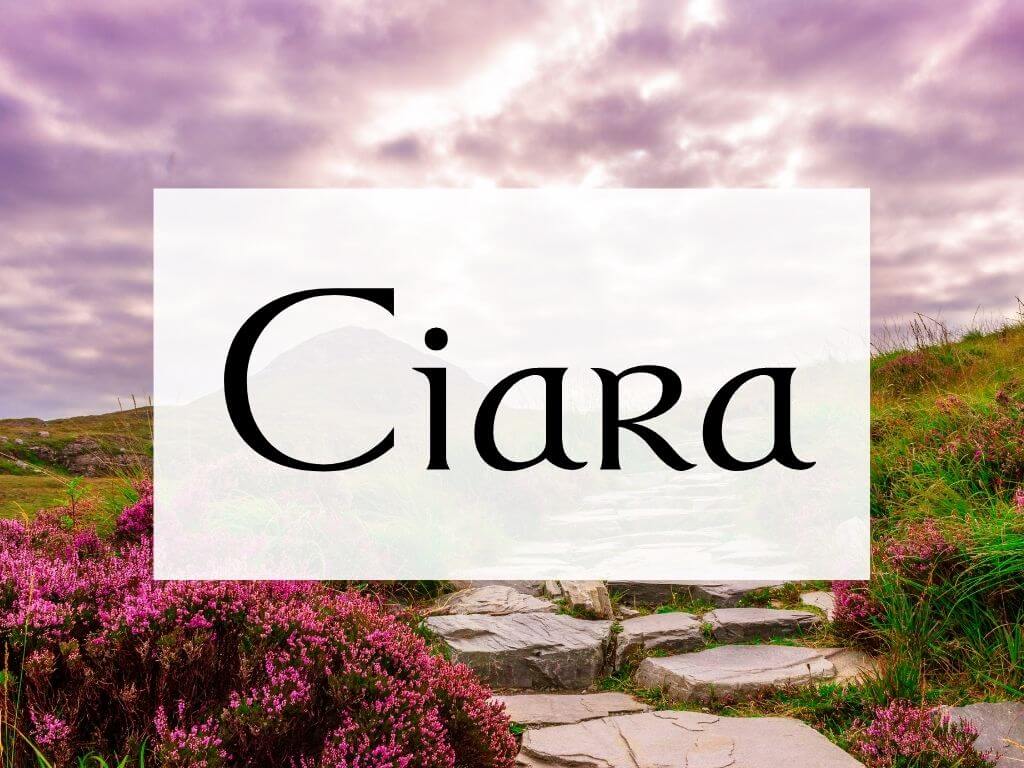 A picture of a rocky path on a hill in Ireland with stormy skies overhead and a textbox containing the Irish name Ciara