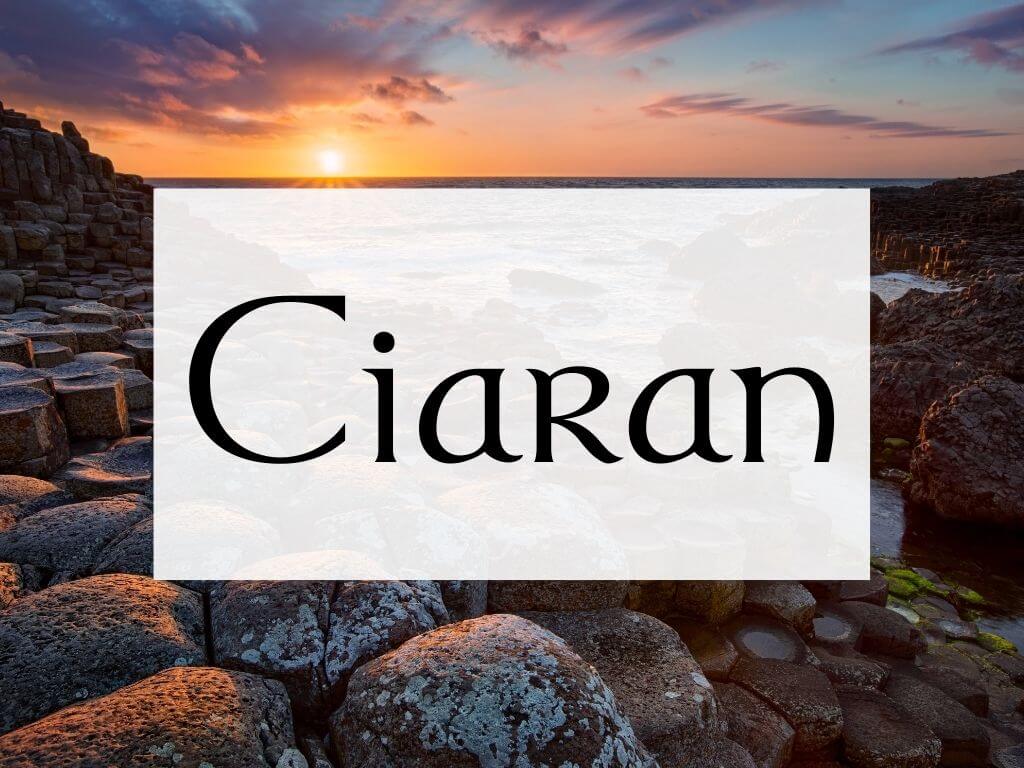 A picture of sunset over the Giant's Causeway and textbox containing the Irish name Ciaran