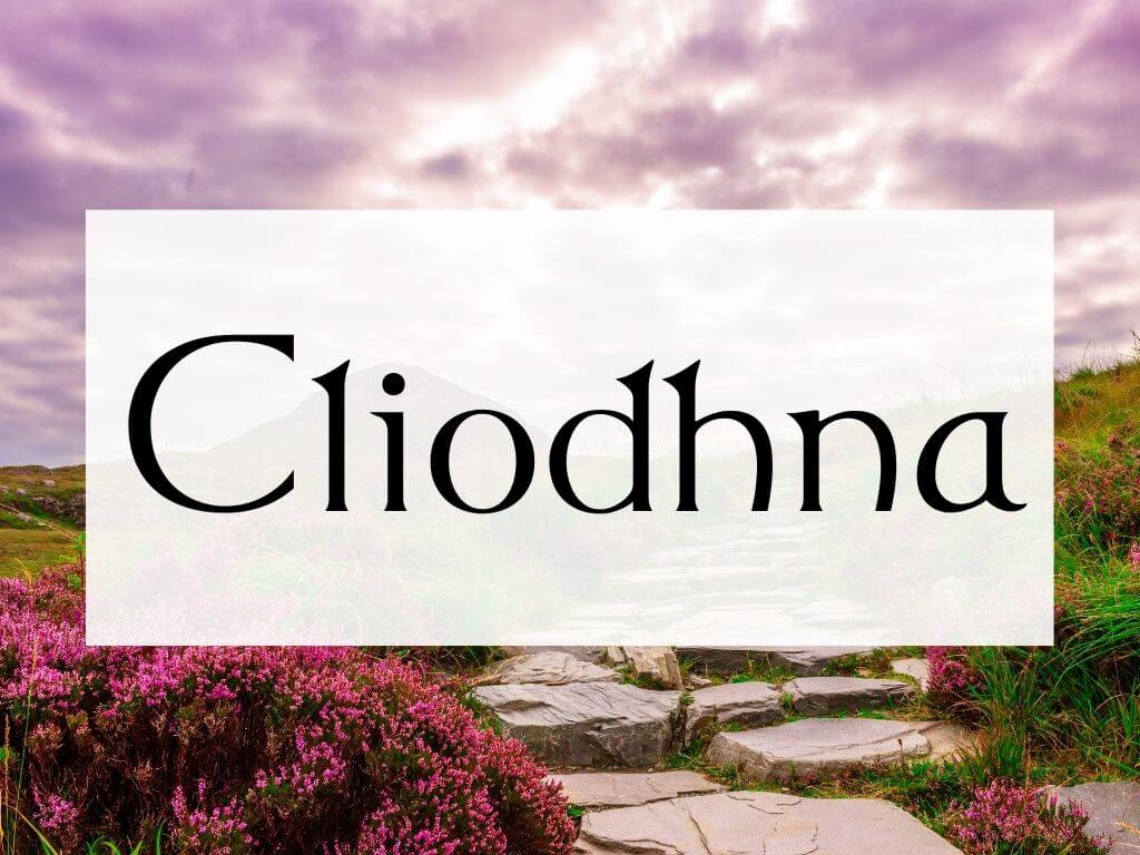 A picture of a rocky path on a hill in Ireland with stormy skies overhead and a textbox containing the Irish name Cliodhna