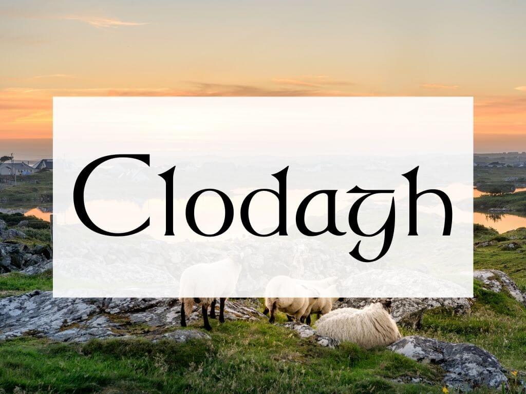 A picture of sheep on a rock Irish hill and sunset in the background, with a textbox containing the Irish name Clodagh
