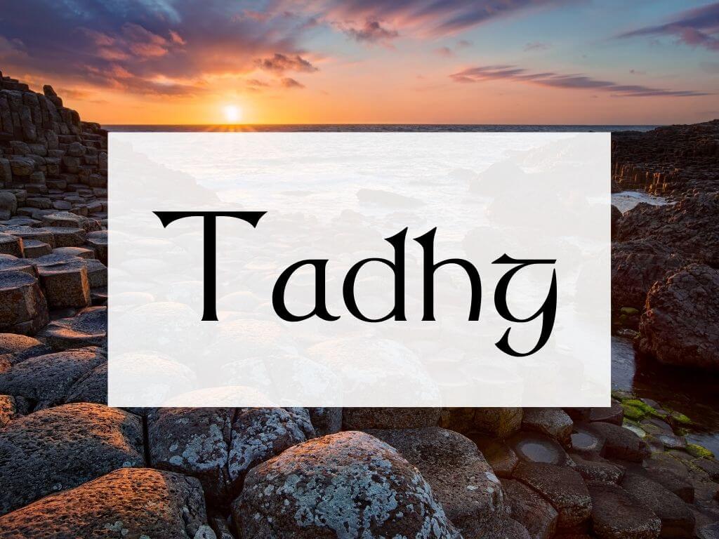 A picture of sunset over the Giant's Causeway and textbox containing the Irish name Tadhg